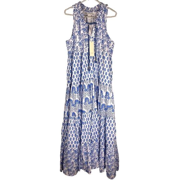 Calypos St Barth Daria Blue and White Tiered Maxi Lined Dress Sleeveless Medium - Picture 2 of 8
